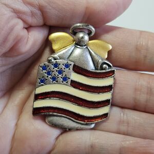AJMC Marked Pewter & Gold Tone Angel Pin Brooch w Blue Rhinestone Flag